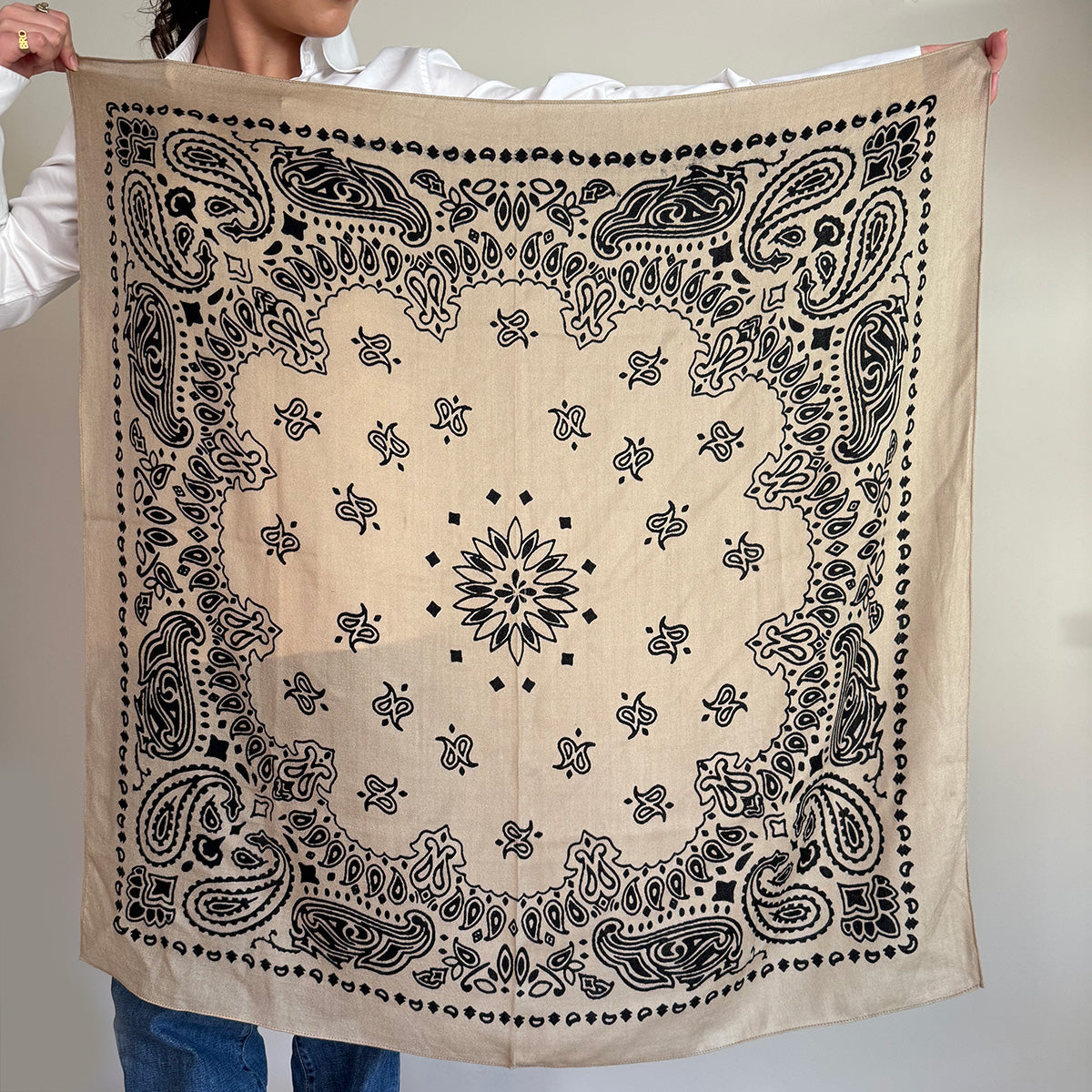Skjerf i ull/silke, paisley beige