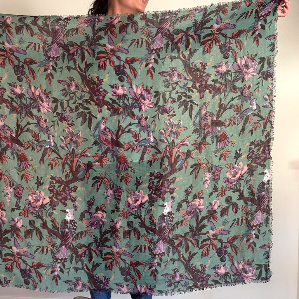 Ekstra stort ullskjerf, flowers & birds