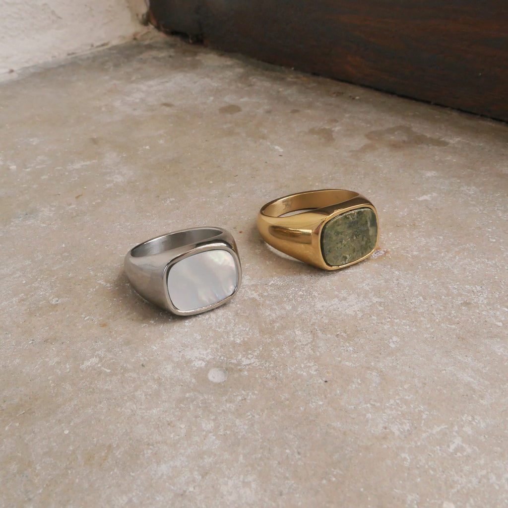 Signet-ring, Steel unisex, green marble_2